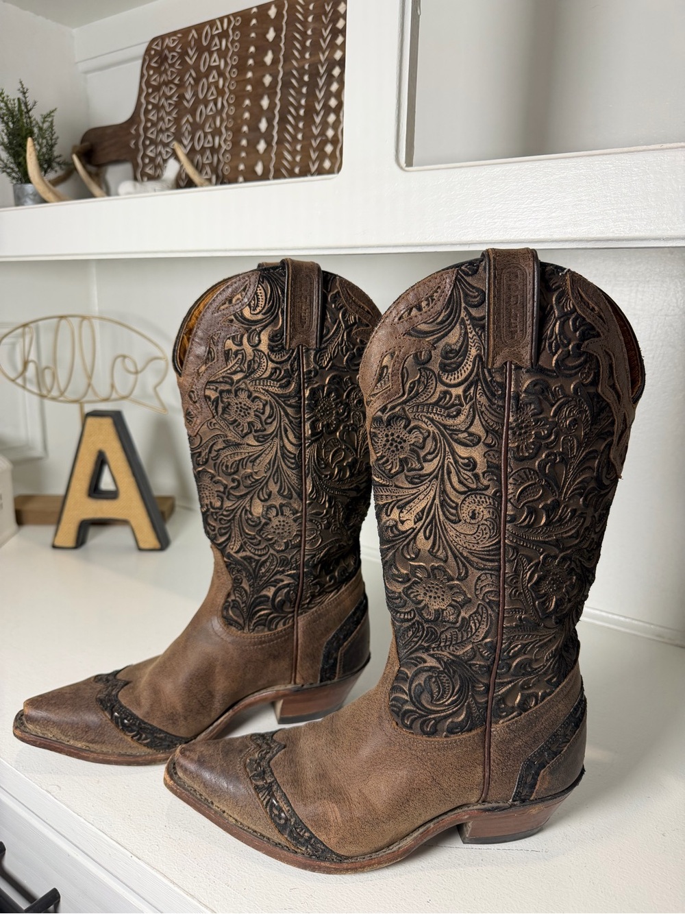 Boulet Womens 7C Brown Tooled Leather Cowboy Boots Floral Inlay Made Canada